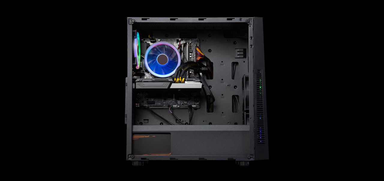 An ABS Gladiator Gaming PC has its transparent side panel removed and facing front.